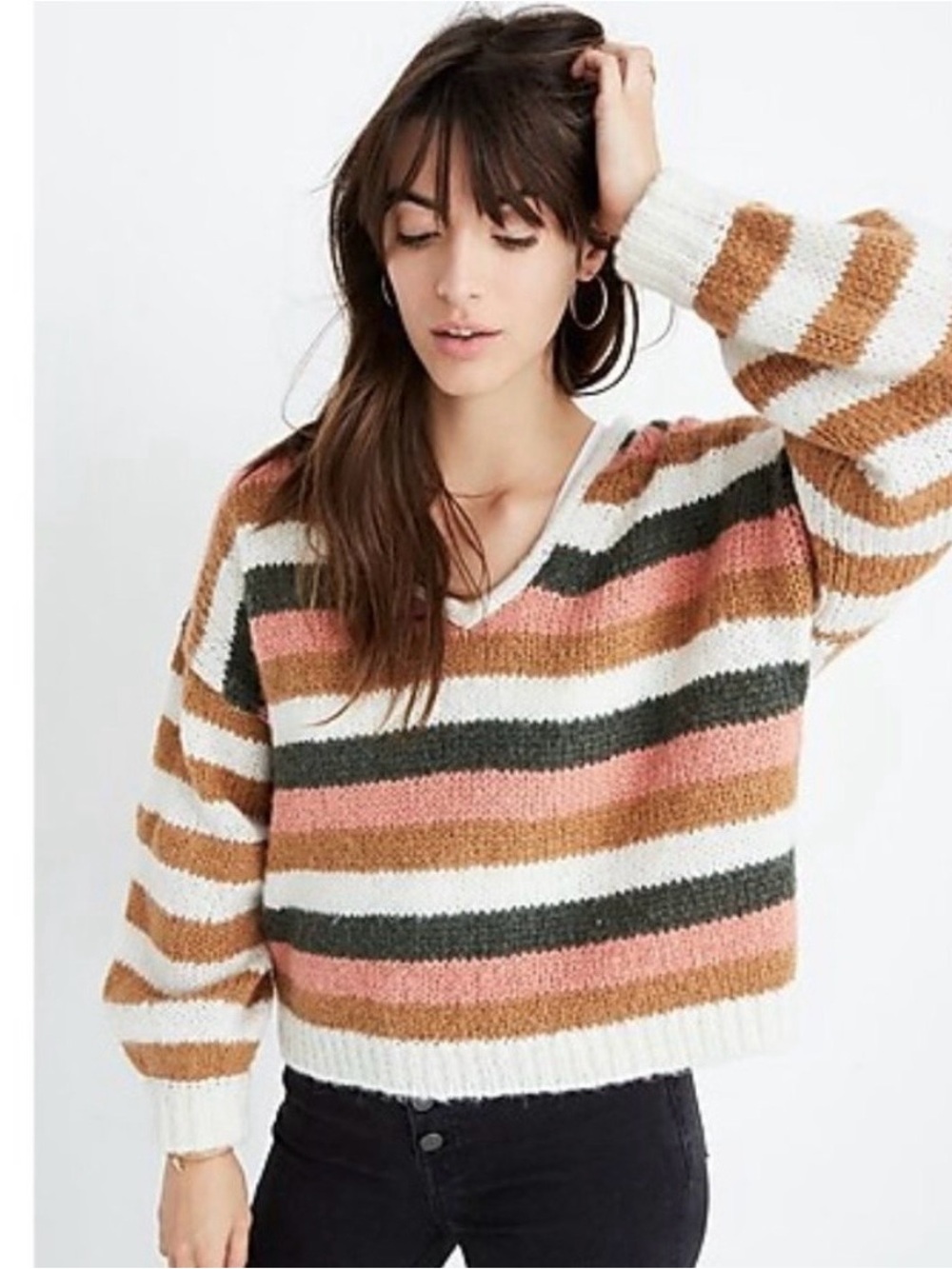 Madewell Striped V-Neck Sweater in White, Pink, Tan & Dark Green